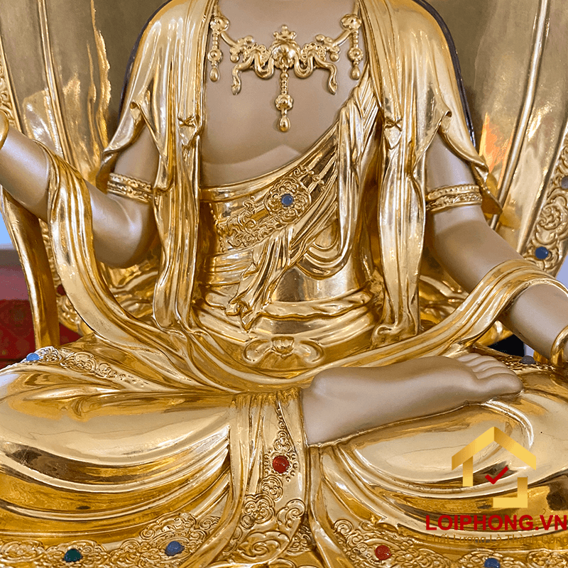 Tượng Phật Quan Âm ngồi đế kim cang bằng đồng dát vàng cao 65-91 cm
