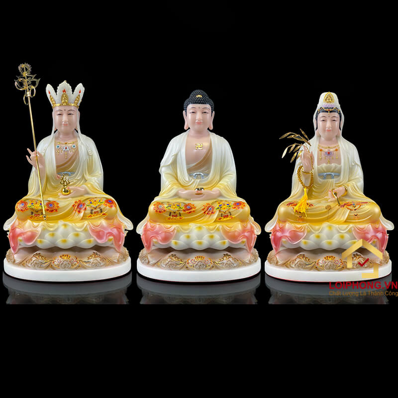 Tượng Ta Bà Tam Thánh ngồi hoa sen đế to sơn mầu cao 40cm