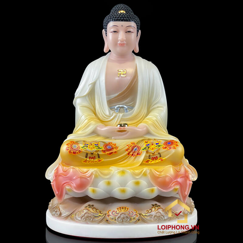 Tượng Ta Bà Tam Thánh ngồi hoa sen đế to sơn mầu cao 40cm