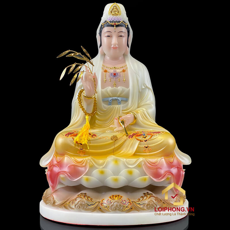 Tượng Ta Bà Tam Thánh ngồi hoa sen đế to sơn mầu cao 40cm