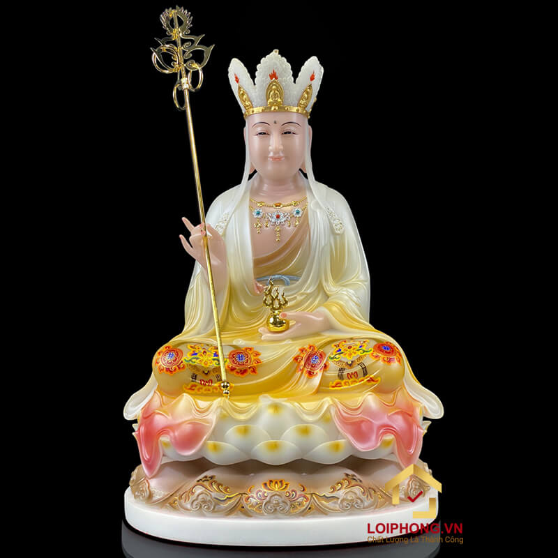 Tượng Ta Bà Tam Thánh ngồi hoa sen đế to sơn mầu cao 40cm