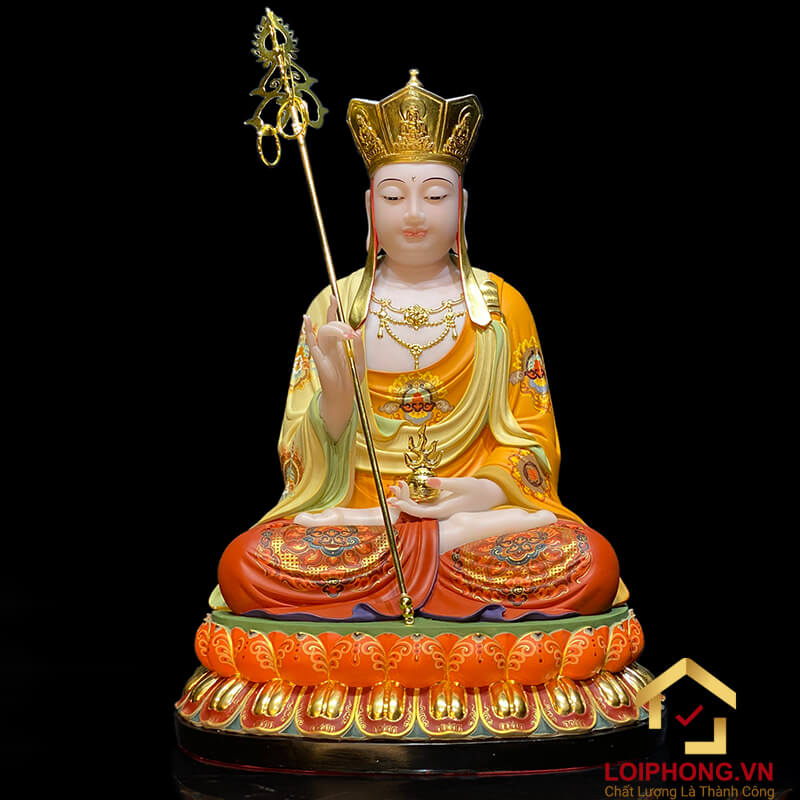 Tượng Ta Bà Tam Thánh ngồi đế hoa sen bằng bột đá vẽ gấm viền vàng cao từ 40cm, 48cm đến 65cm