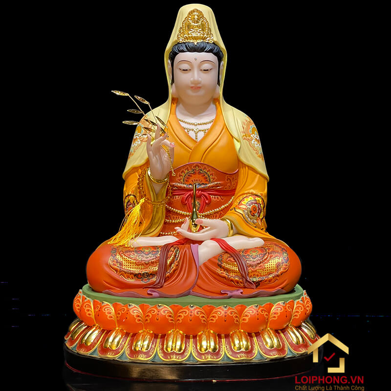 Tượng Ta Bà Tam Thánh ngồi đế hoa sen bằng bột đá vẽ gấm viền vàng cao từ 40cm, 48cm đến 65cm