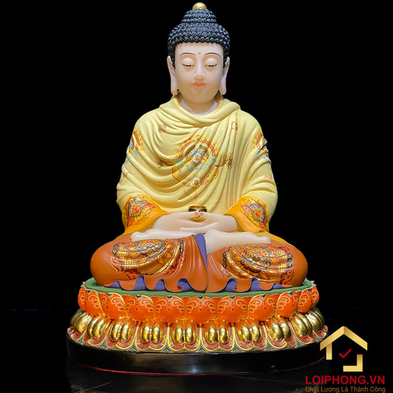 Tượng Ta Bà Tam Thánh ngồi đế hoa sen bằng bột đá vẽ gấm viền vàng cao từ 40cm, 48cm đến 65cm