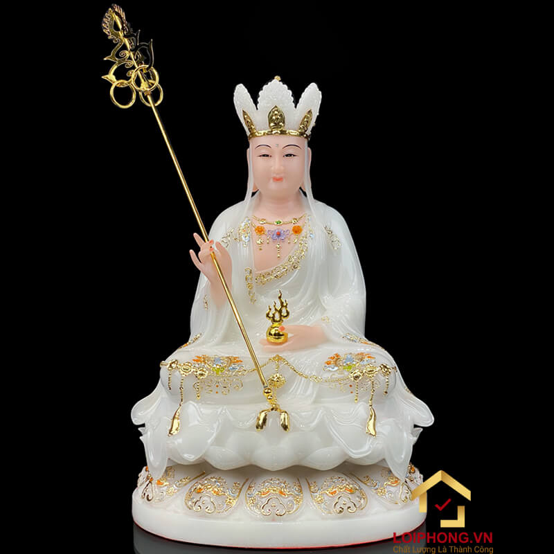 Tượng Ta Bà Tam Thánh ngồi đế hoa sen bằng bột đá trắng viền vàng cao 30 - 65cm