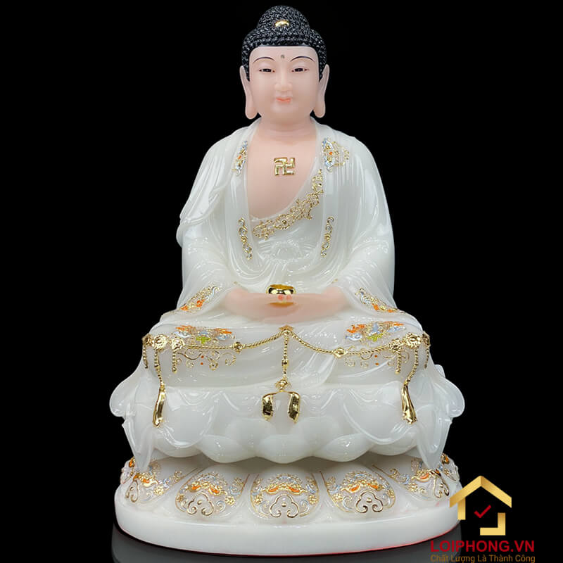 Tượng Ta Bà Tam Thánh ngồi đế hoa sen bằng bột đá trắng viền vàng cao 30 - 65cm
