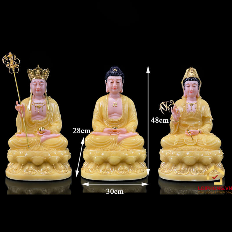 Tượng Ta Bà Tam Thánh ngồi đế hoa sen bằng bột đá thạch anh viền vàng cao 30 - 65cm