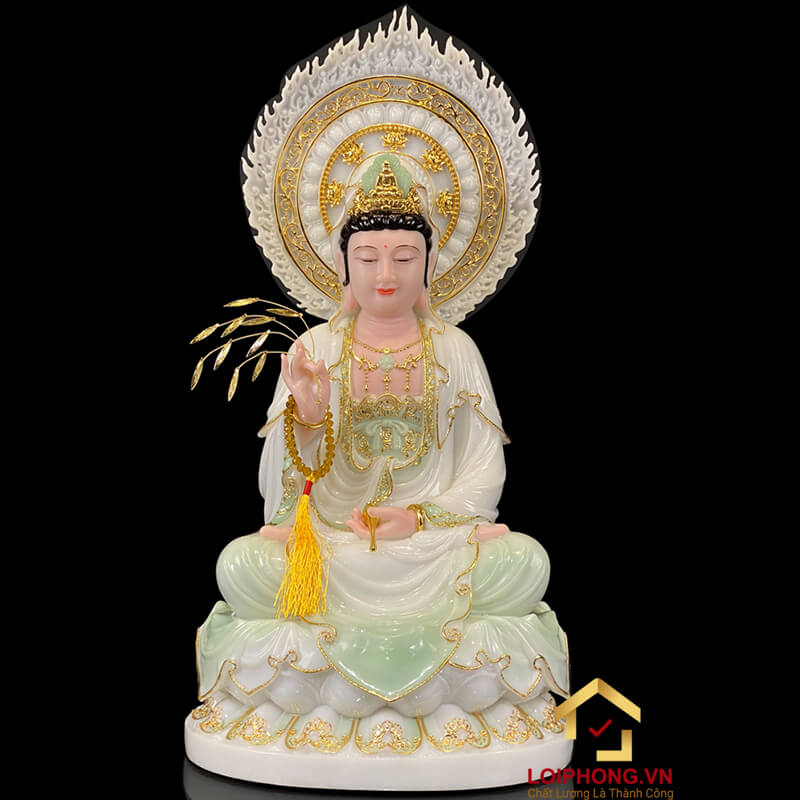Tượng Ta Bà Tam Thánh Ngồi Hoa Sen Bằng Bột Đá Cẩm Thạch Thiên Thanh Có Lá Đề cao 40 - 65cm