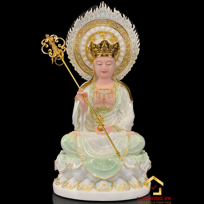 Tượng Ta Bà Tam Thánh Ngồi Hoa Sen Bằng Bột Đá Cẩm Thạch Thiên Thanh Có Lá Đề cao 40 - 65cm