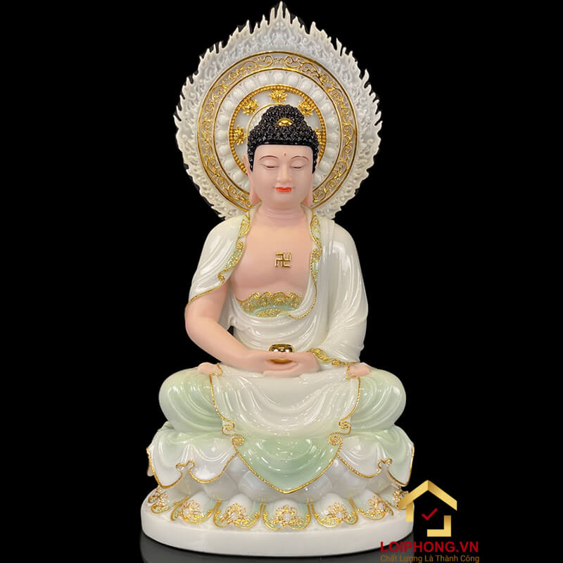 Tượng Ta Bà Tam Thánh Ngồi Hoa Sen Bằng Bột Đá Cẩm Thạch Thiên Thanh Có Lá Đề cao 40 - 65cm