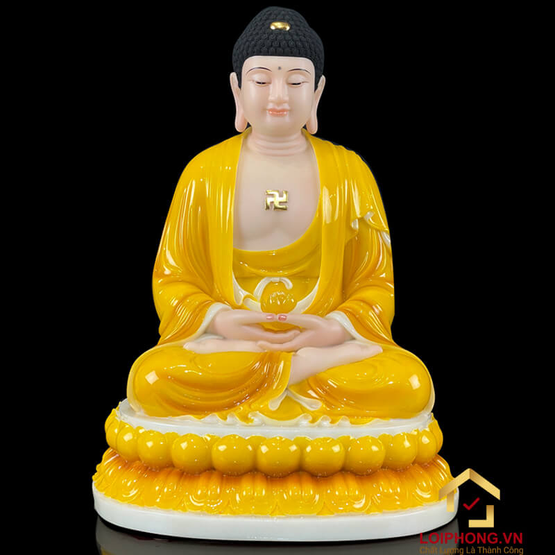 Tượng Ta Bà Tam Thánh Ngồi Đế To Bằng Bột Đá Hổ Phách cao 30 – 48cm