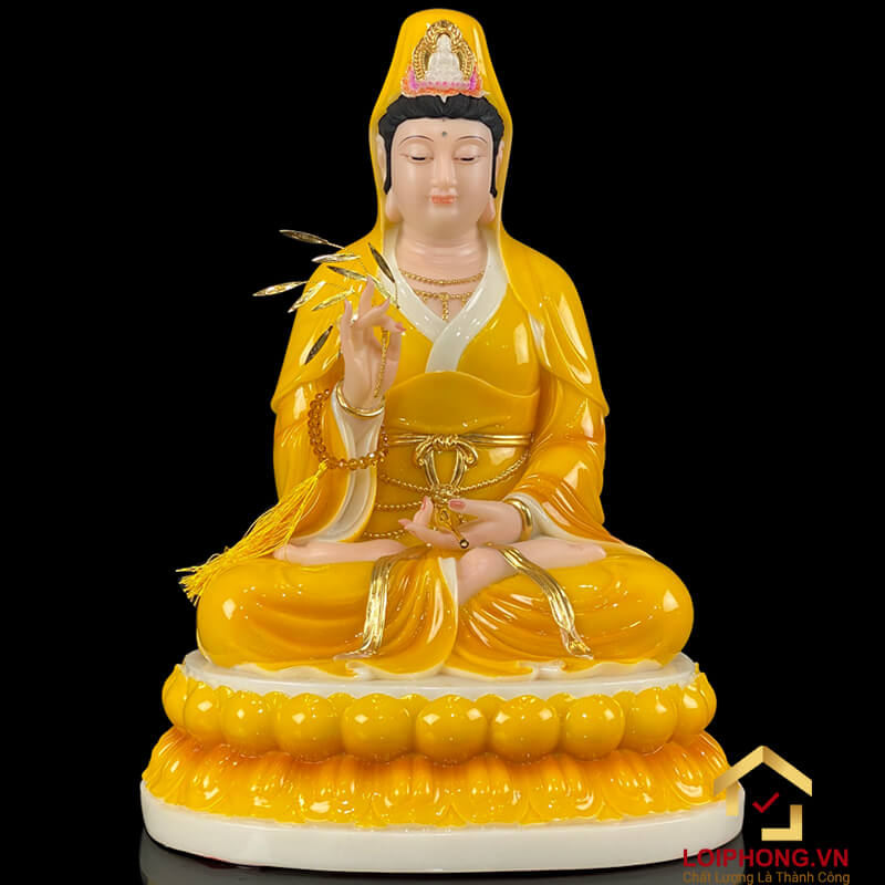 Tượng Ta Bà Tam Thánh Ngồi Đế To Bằng Bột Đá Hổ Phách cao 30 – 48cm