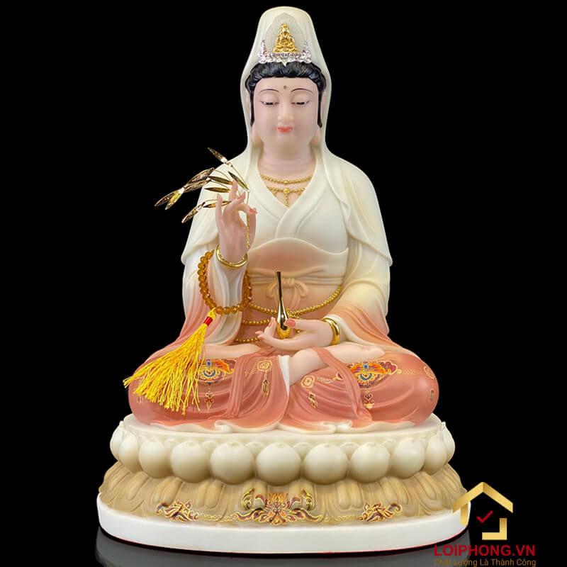 Tượng Ta Bà Tam Thánh Ngồi Đế Hoa Sen Bằng Bột Đá Sơn Vẽ Hoa cao từ 30 - 48cm