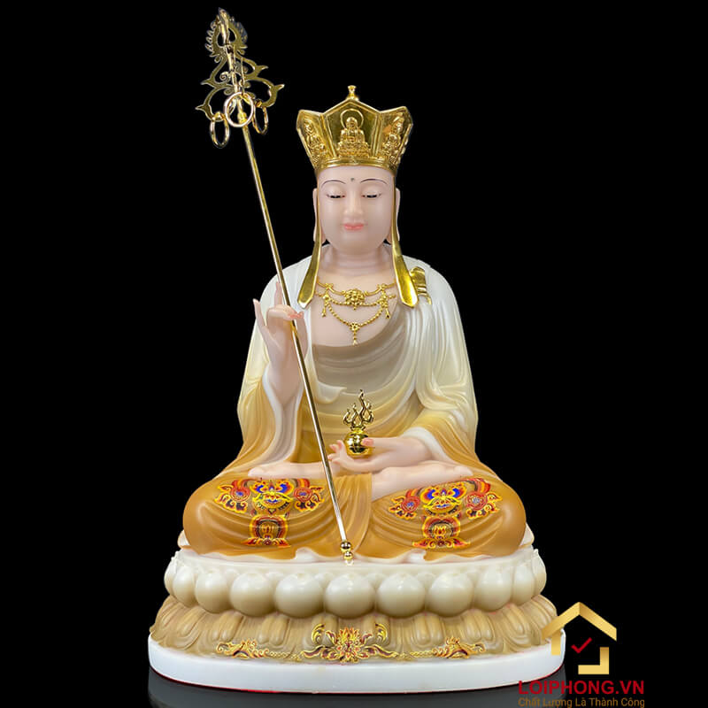 Tượng Ta Bà Tam Thánh Ngồi Đế Hoa Sen Bằng Bột Đá Sơn Vẽ Hoa cao từ 30 - 48cm