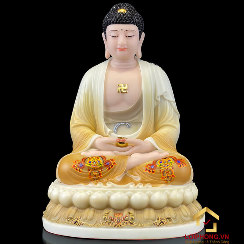 Tượng Ta Bà Tam Thánh Ngồi Đế Hoa Sen Bằng Bột Đá Sơn Vẽ Hoa cao từ 30 - 48cm