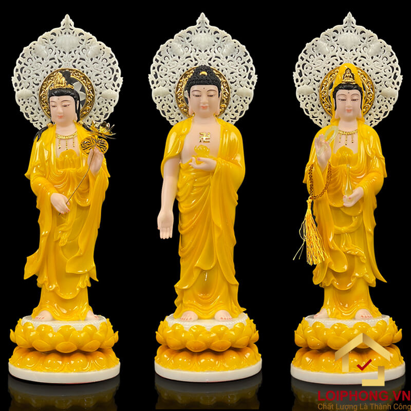 Tượng phật Tây Phương Tam Thánh bằng bột đá hổ phách cao  40 – 48 – 65 – 90 cm