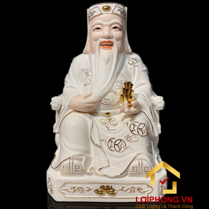 Tượng Thần Tài Thổ Địa trang phục màu trắng viền vàng cao từ 20 – 40 cm