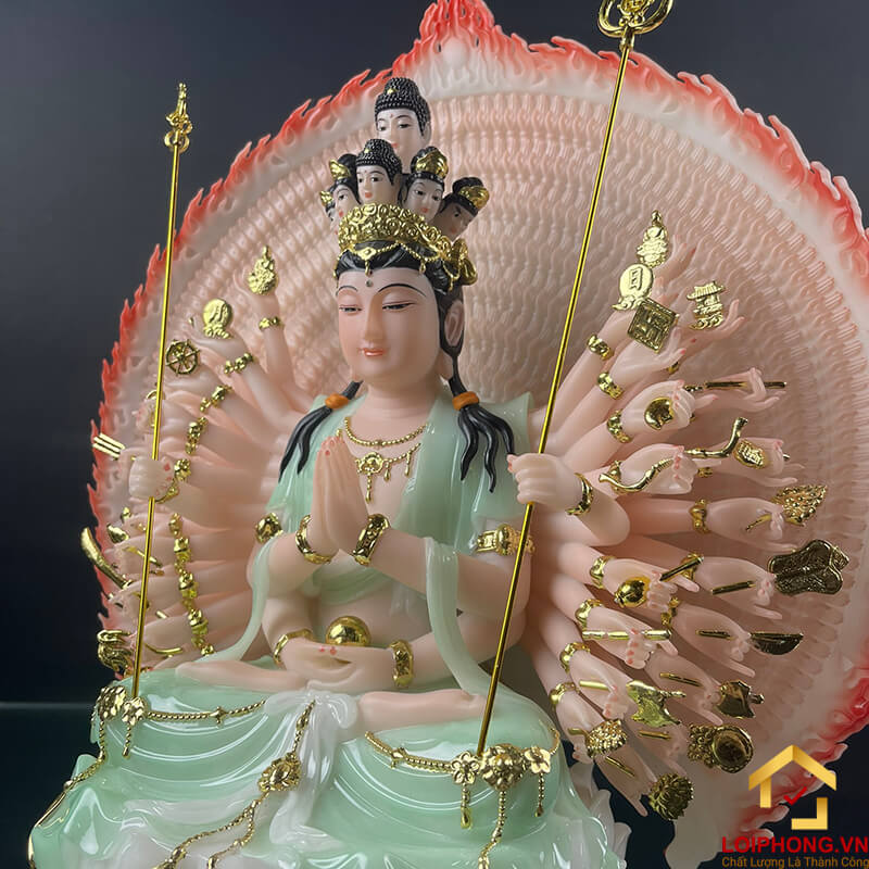 Tượng Phật Thiên Thủ Thiên Nhãn bằng bột đá áo xanh cao 30 - 40 - 48 cm