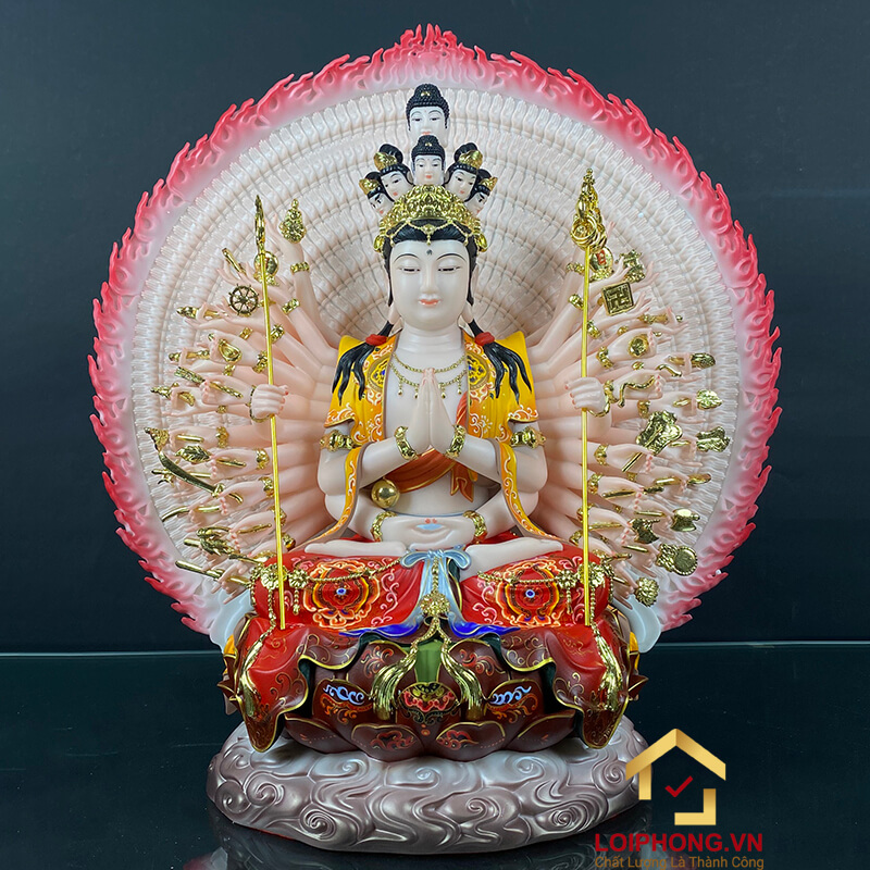 Tượng Thiên Thủ Thiên Nhãn Ngồi Đế Mây Bằng Bột Đá Vẽ Gấm Cao 40cm, 48cm