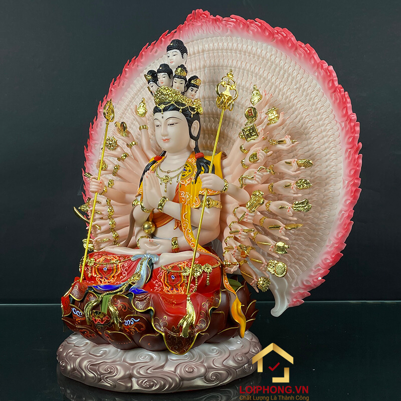 Tượng Thiên Thủ Thiên Nhãn Ngồi Đế Mây Bằng Bột Đá Vẽ Gấm Cao 40cm, 48cm