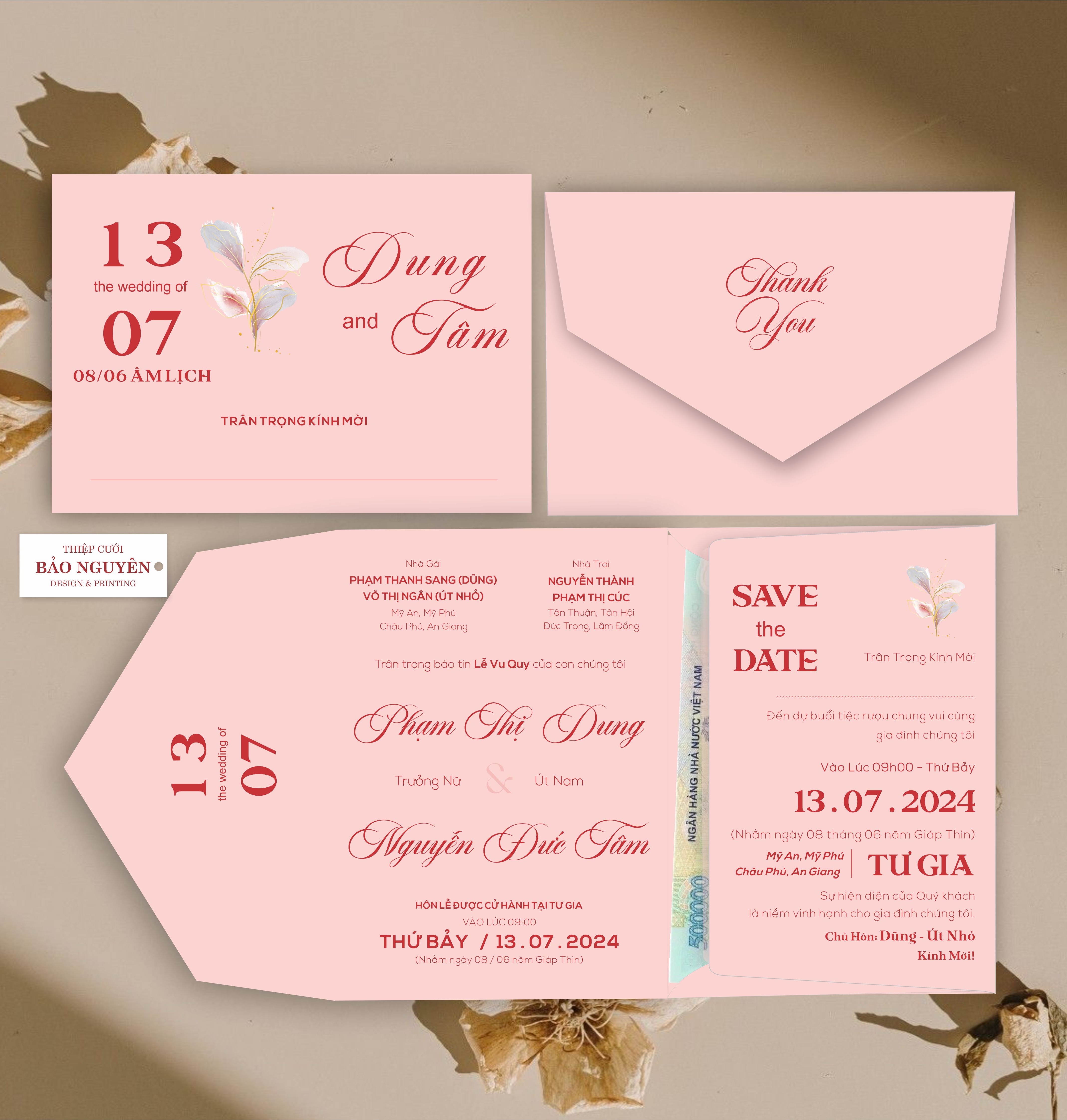 (RR3IN1 - BN012) Thiệp Cưới Gập 3 Có Bao Thư 3IN1