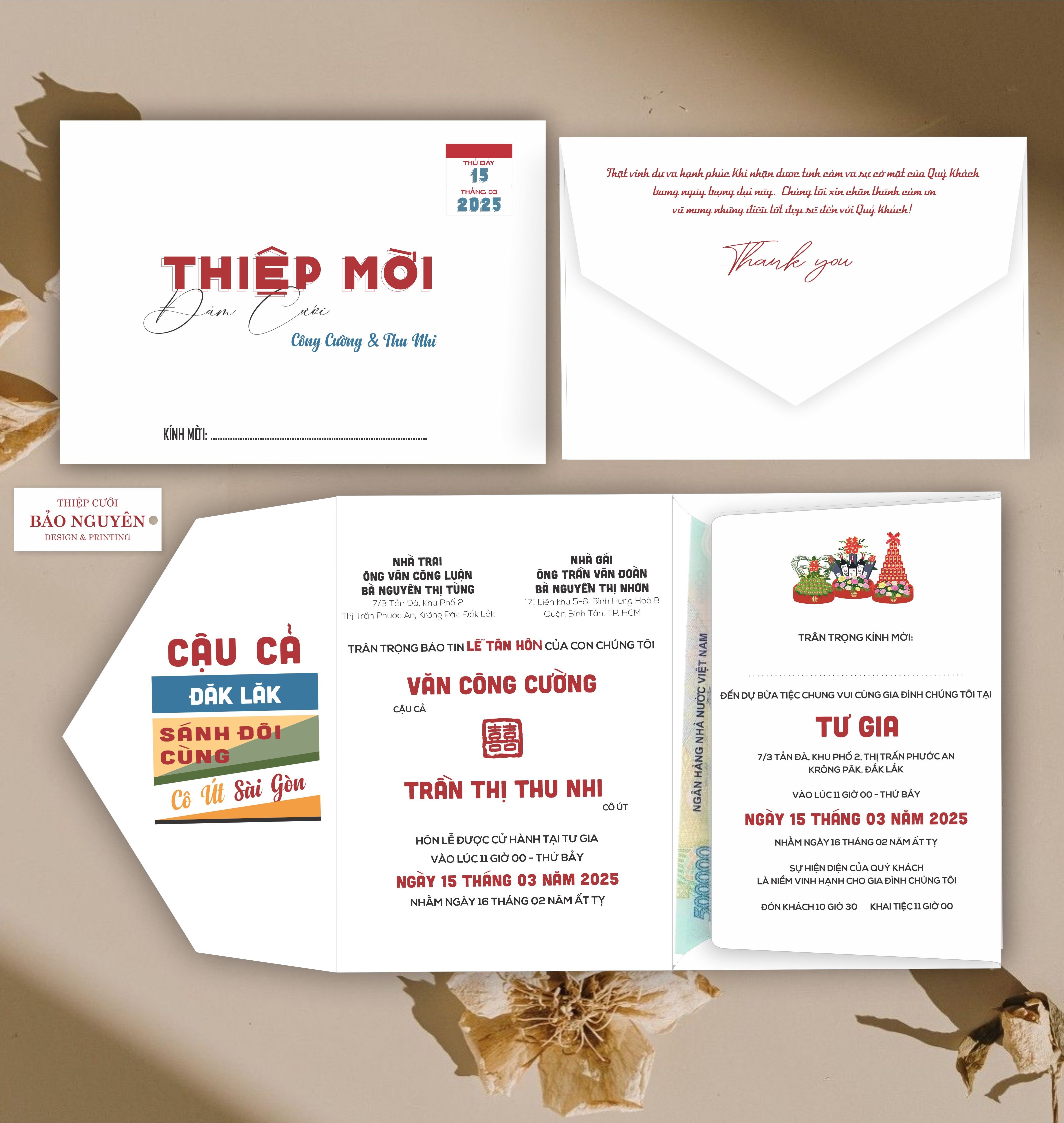 (RR3IN1 - BN014) Thiệp Cưới Gập 3 Có Bao Thư 3IN1
