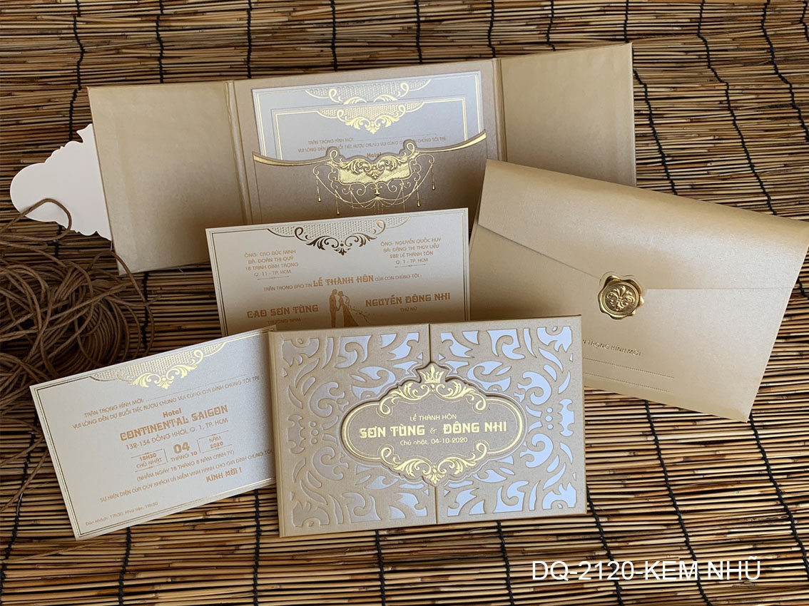 (DQ2120 - kem nhũ) Thiệp Cưới Ép Kim Cao Cấp/Thiệp Cưới Luxury