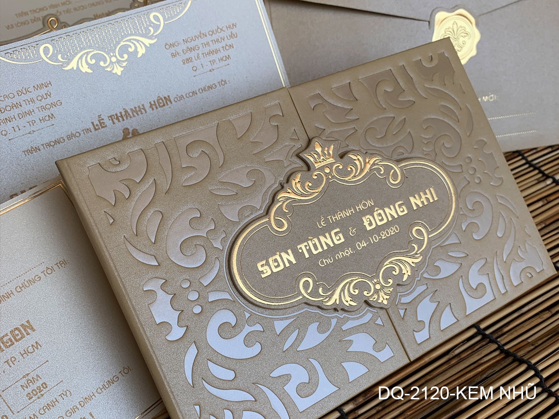 (DQ2120 - kem nhũ) Thiệp Cưới Ép Kim Cao Cấp/Thiệp Cưới Luxury