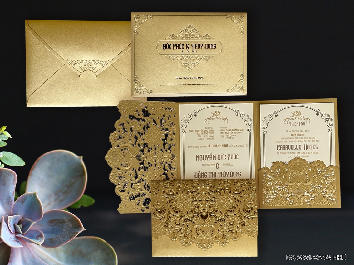 (DQ2321- vàng nhũ) Thiệp Cưới Ép Kim Cao Cấp/Thiệp Cưới Luxury