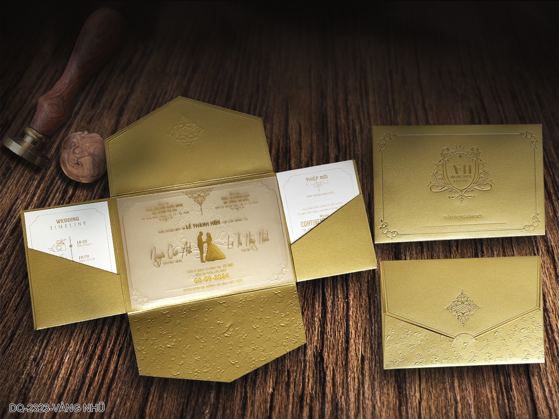 (DQ2323-vàng nhũ) Thiệp Cưới Ép Kim Cao Cấp/Thiệp Cưới Luxury
