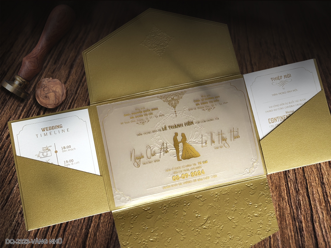 (DQ2323-vàng nhũ) Thiệp Cưới Ép Kim Cao Cấp/Thiệp Cưới Luxury