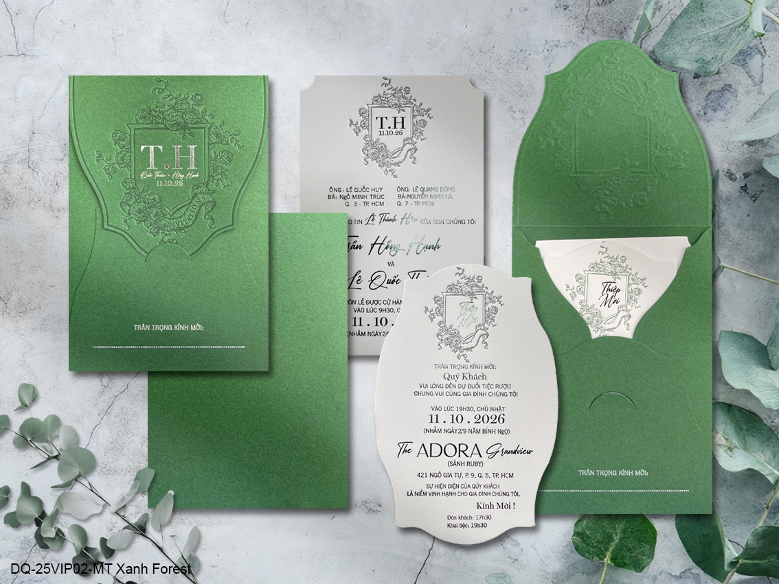 (DQ25VIP03-GreenBeige) Thiệp Cưới Ánh Kim Cao Cấp Ép Kim