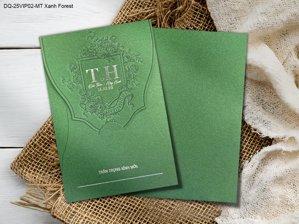 (DQ25VIP03-GreenBeige) Thiệp Cưới Ánh Kim Cao Cấp Ép Kim