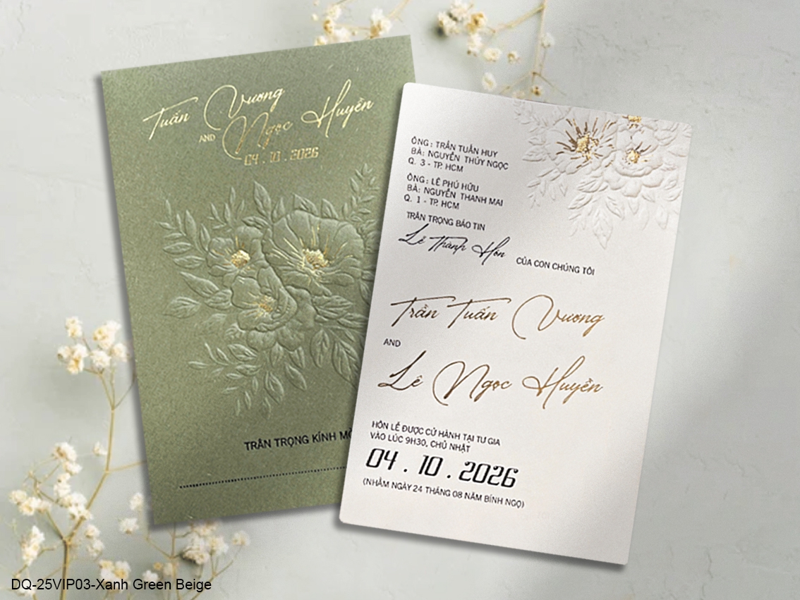 (DQ25VIP03-GreenBeige) Thiệp Cưới Ánh Kim Cao Cấp Ép Kim