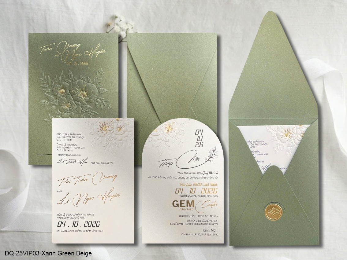 (DQ25VIP03-GreenBeige) Thiệp Cưới Ánh Kim Cao Cấp Ép Kim