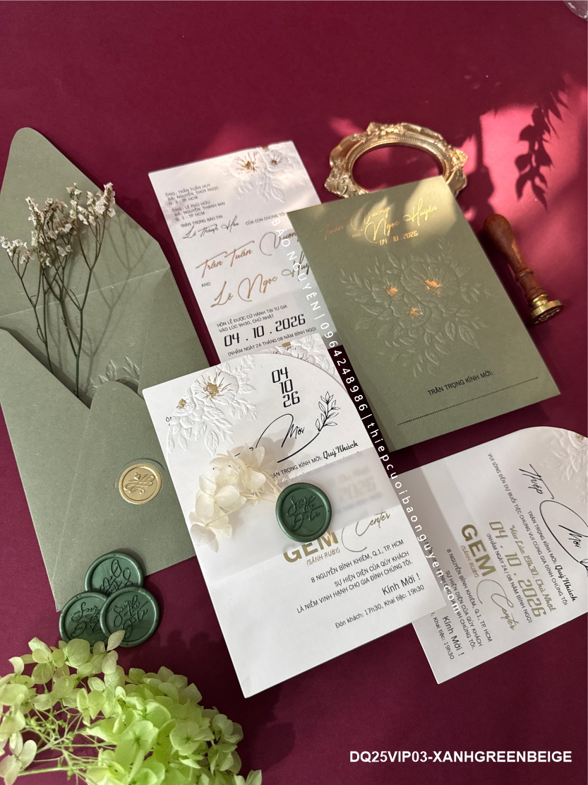 (DQ25VIP03- Green Beige ) Thiệp Cưới Cao Cấp Ép Kim
