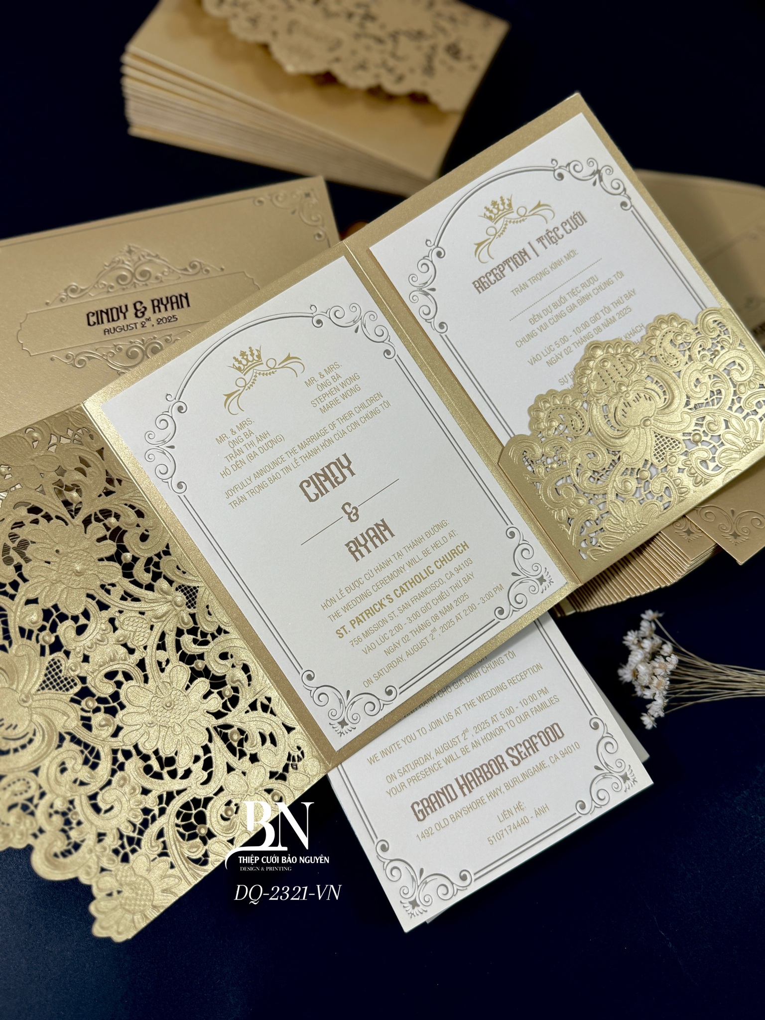 (DQ2321- vàng nhũ) Thiệp Cưới Ép Kim Cao Cấp/Thiệp Cưới Luxury