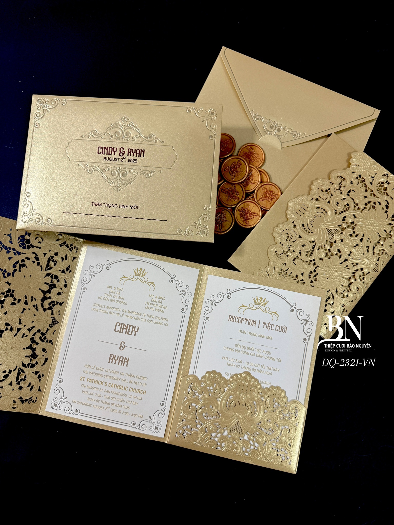 (DQ2321- vàng nhũ) Thiệp Cưới Ép Kim Cao Cấp/Thiệp Cưới Luxury