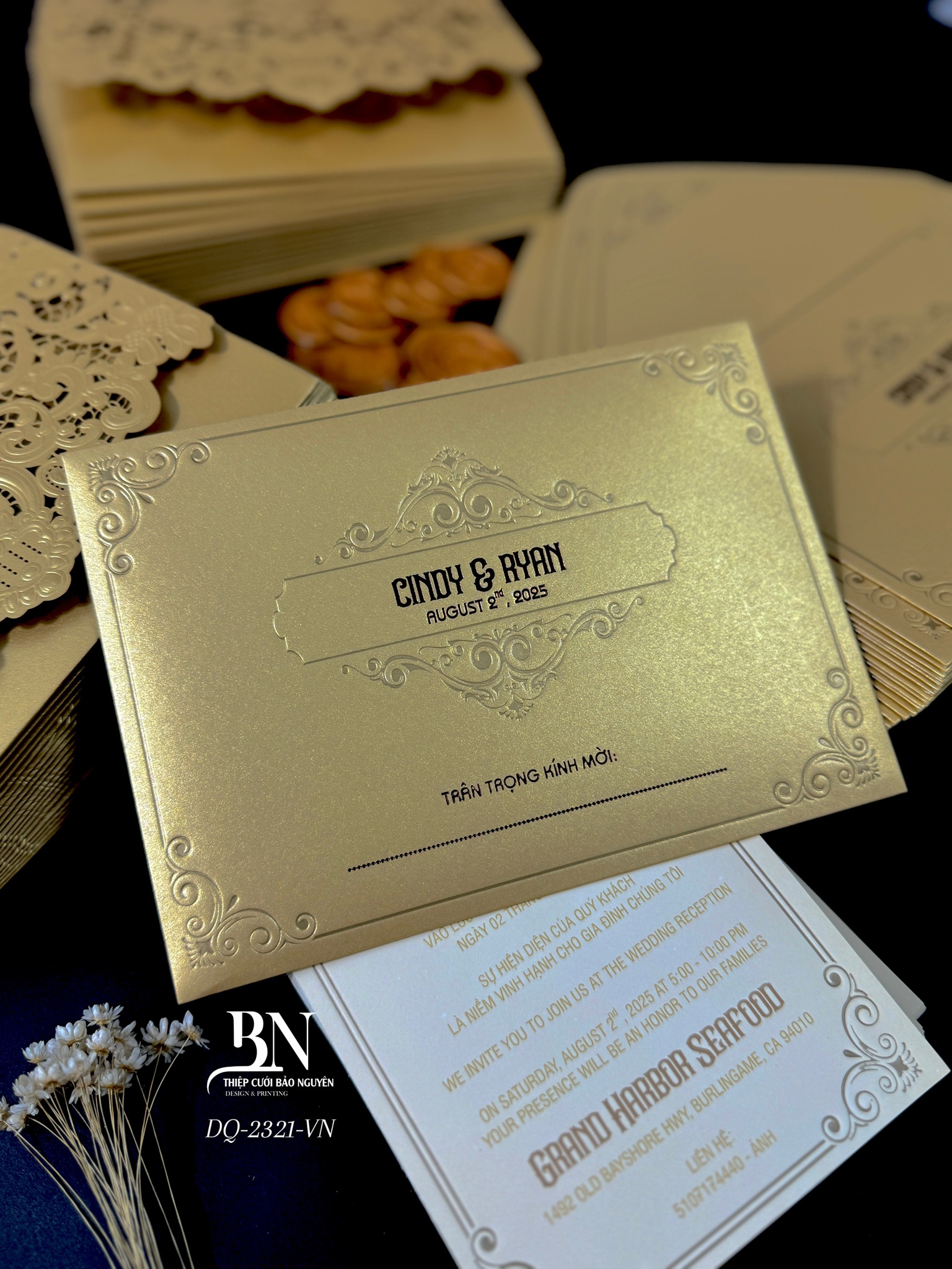 (DQ2321- vàng nhũ) Thiệp Cưới Ép Kim Cao Cấp/Thiệp Cưới Luxury