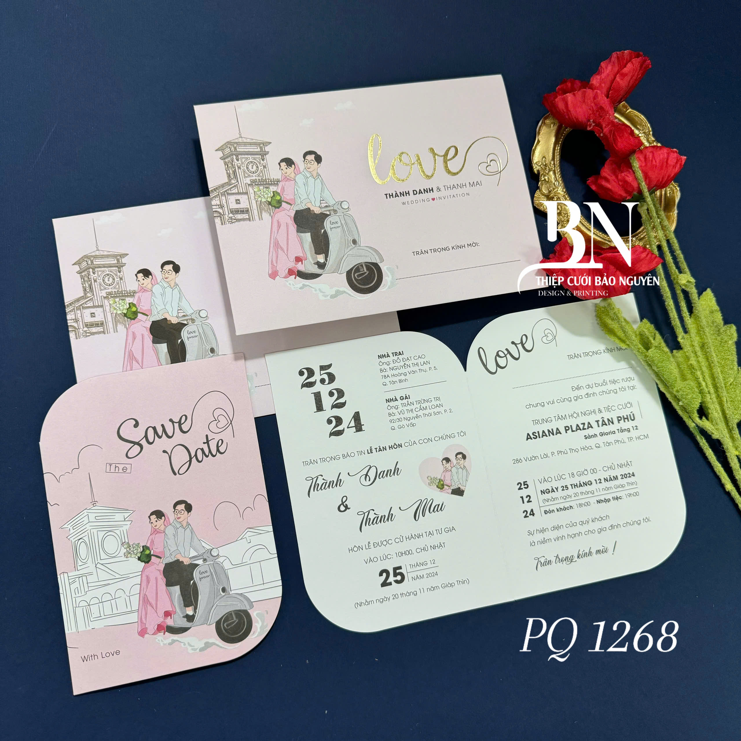 (PQ 1268) Thiệp Cưới Hiện Đại Có Ép Kim