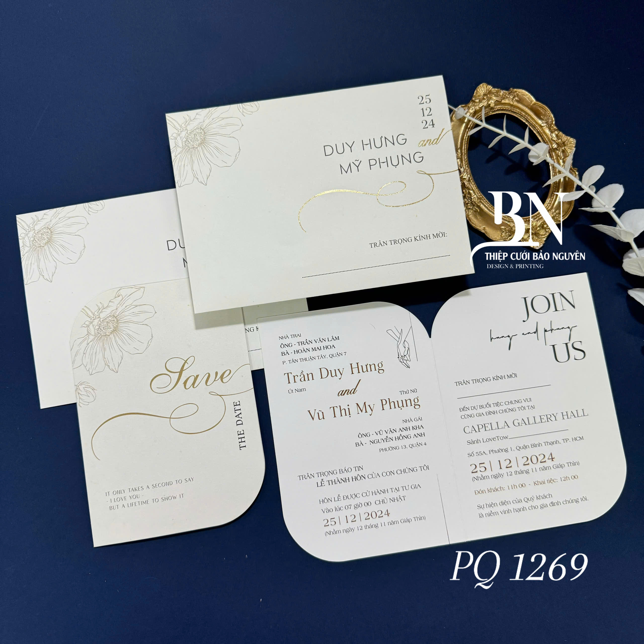 (PQ 1269) Thiệp Cưới Hiện Đại Có Ép Kim