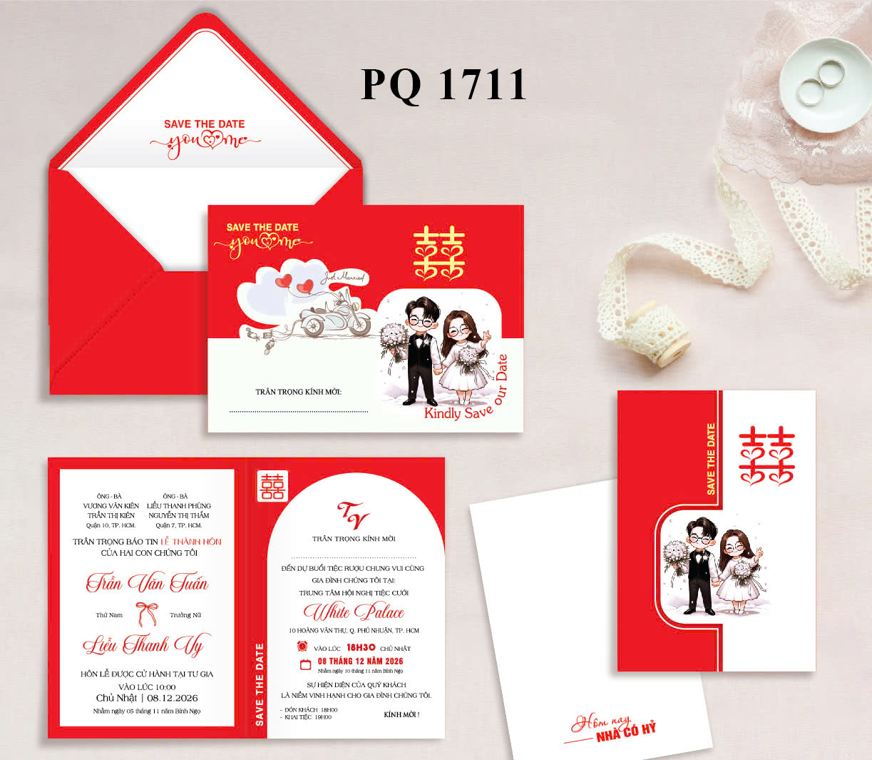 (PQ 1711) Thiệp Cưới Hiện Đại Ruột Gập Đôi