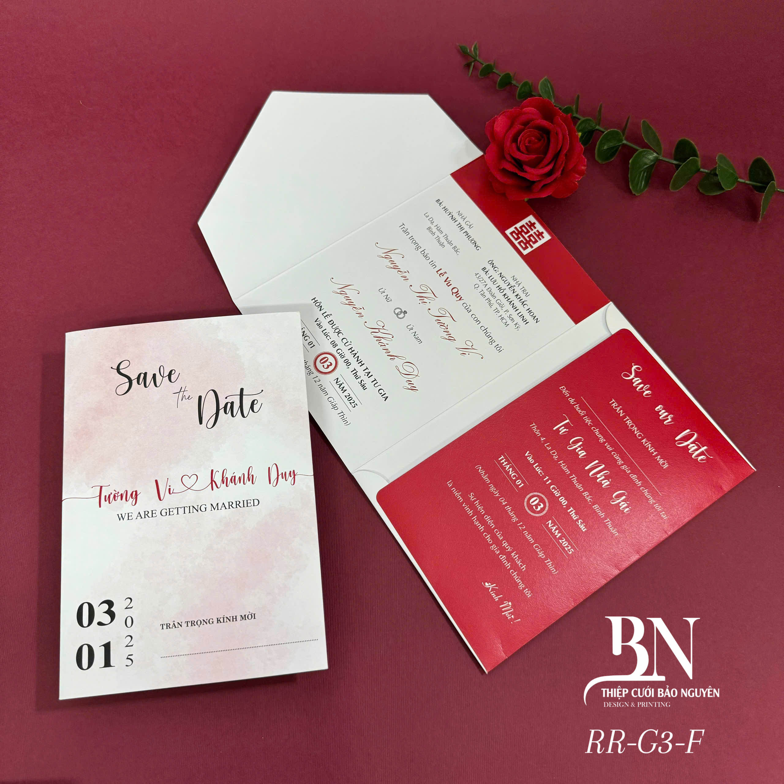 (RR3IN1 - BN003) Thiệp Cưới Gập 3 Có Bao Thư 3IN1