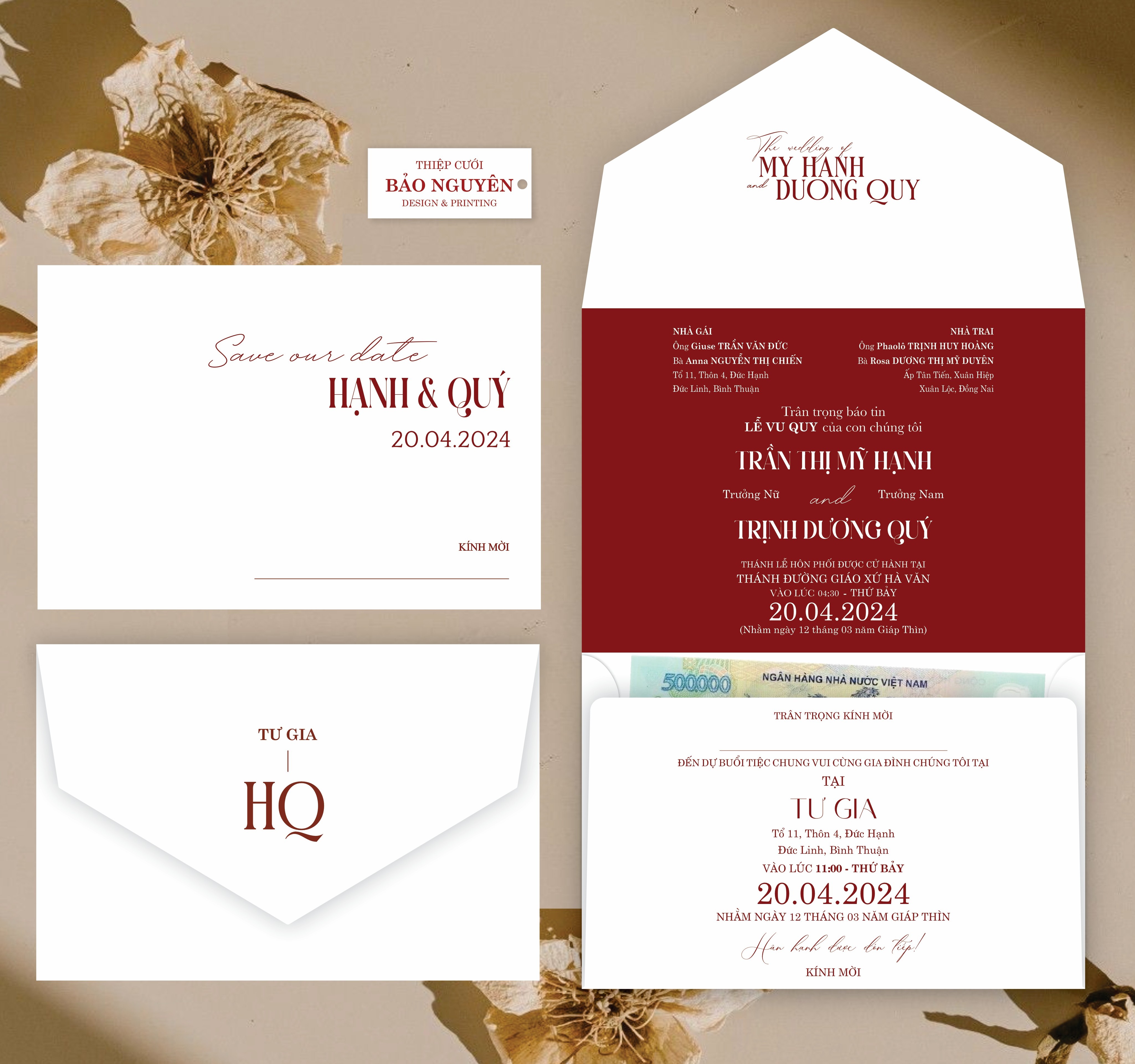 (RR3IN1 - BN011) Thiệp Cưới Gập 3 Có Bao Thư 3IN1