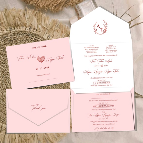 (RR3IN1 - BN015) Thiệp Cưới Gập 3 Có Bao Thư 3IN1