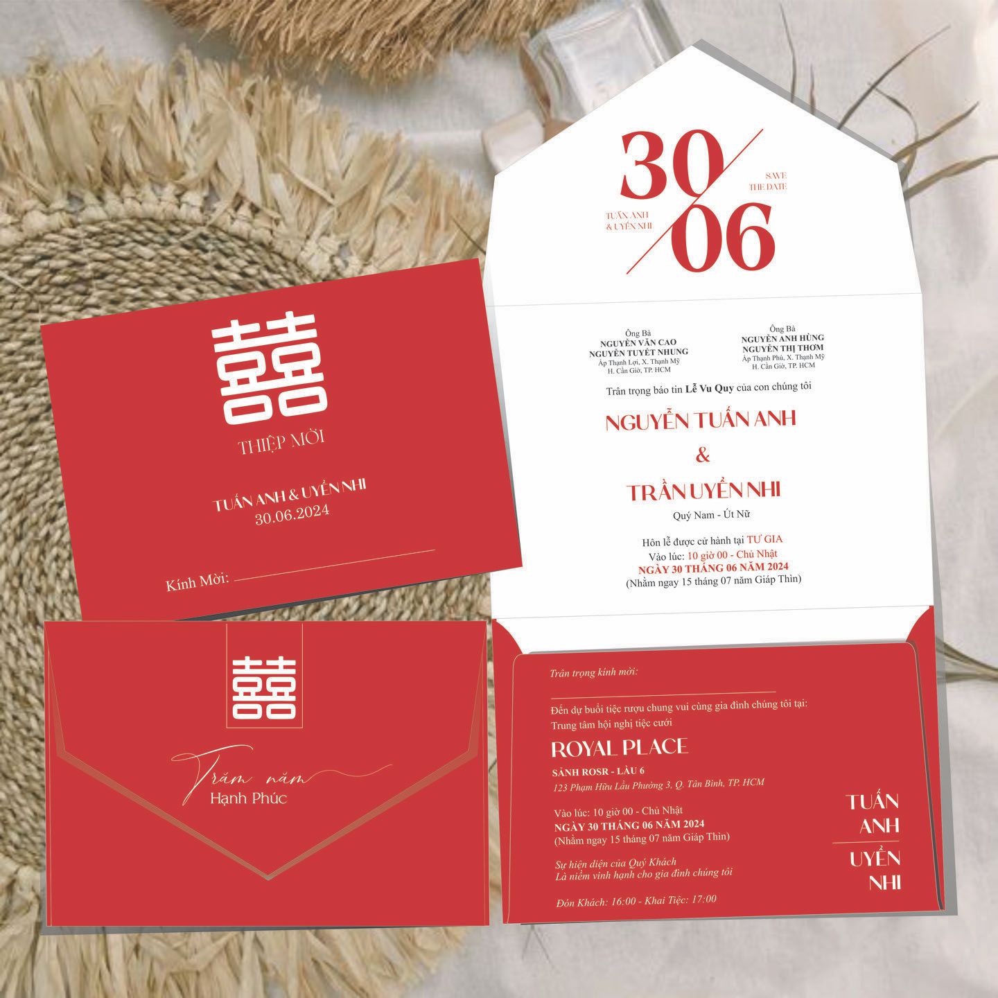 (RR3IN1 - BN019) Thiệp Cưới Gập 3 Có Bao Thư 3IN1