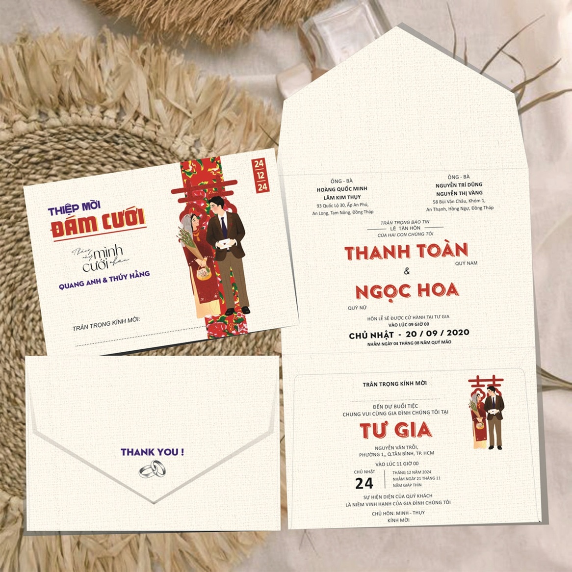 (RR3IN1 - BN024) Thiệp Cưới Gập 3 Có Bao Thư 3IN1