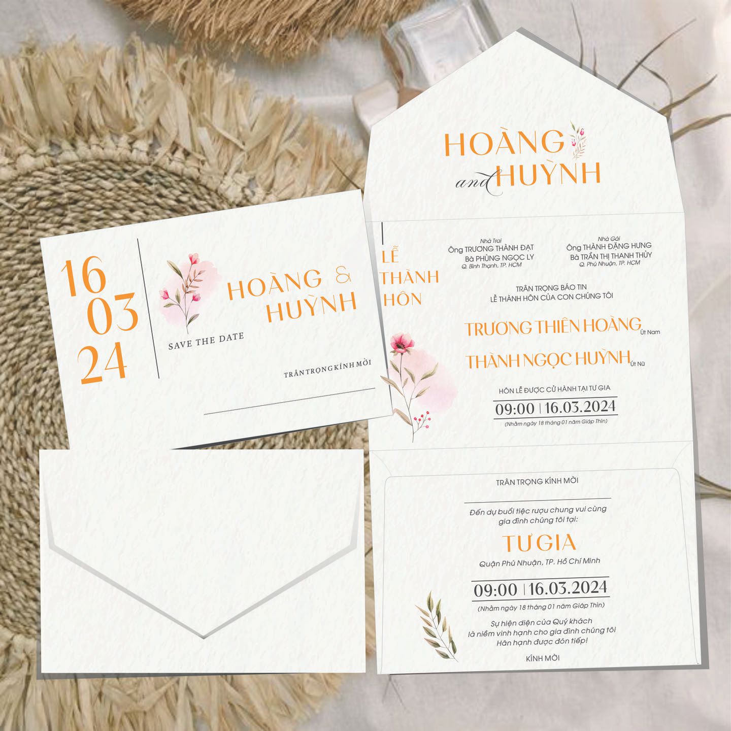 (RR3IN1 - BN033) Thiệp Cưới Gập 3 Có Bao Thư 3IN1