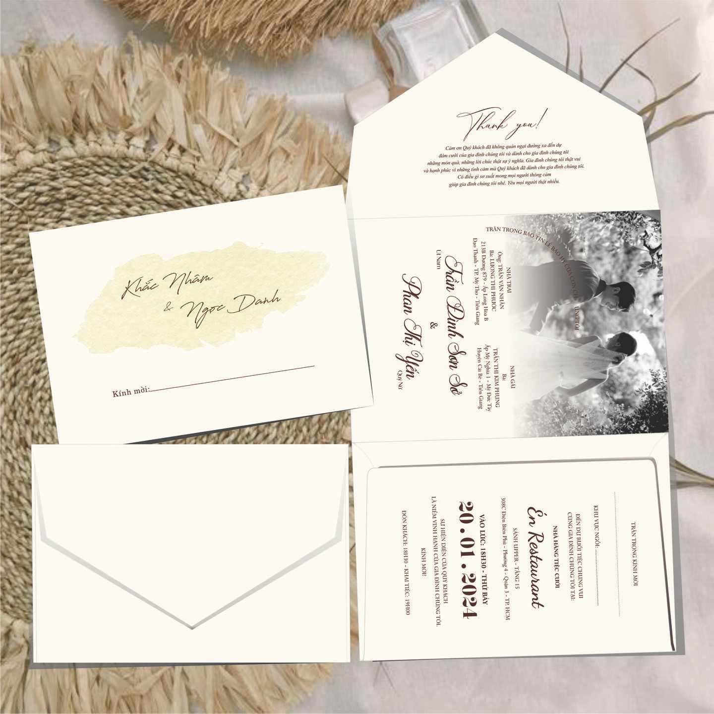 (RR3IN1 - BN034) Thiệp Cưới Gập 3 Có Bao Thư 3IN1