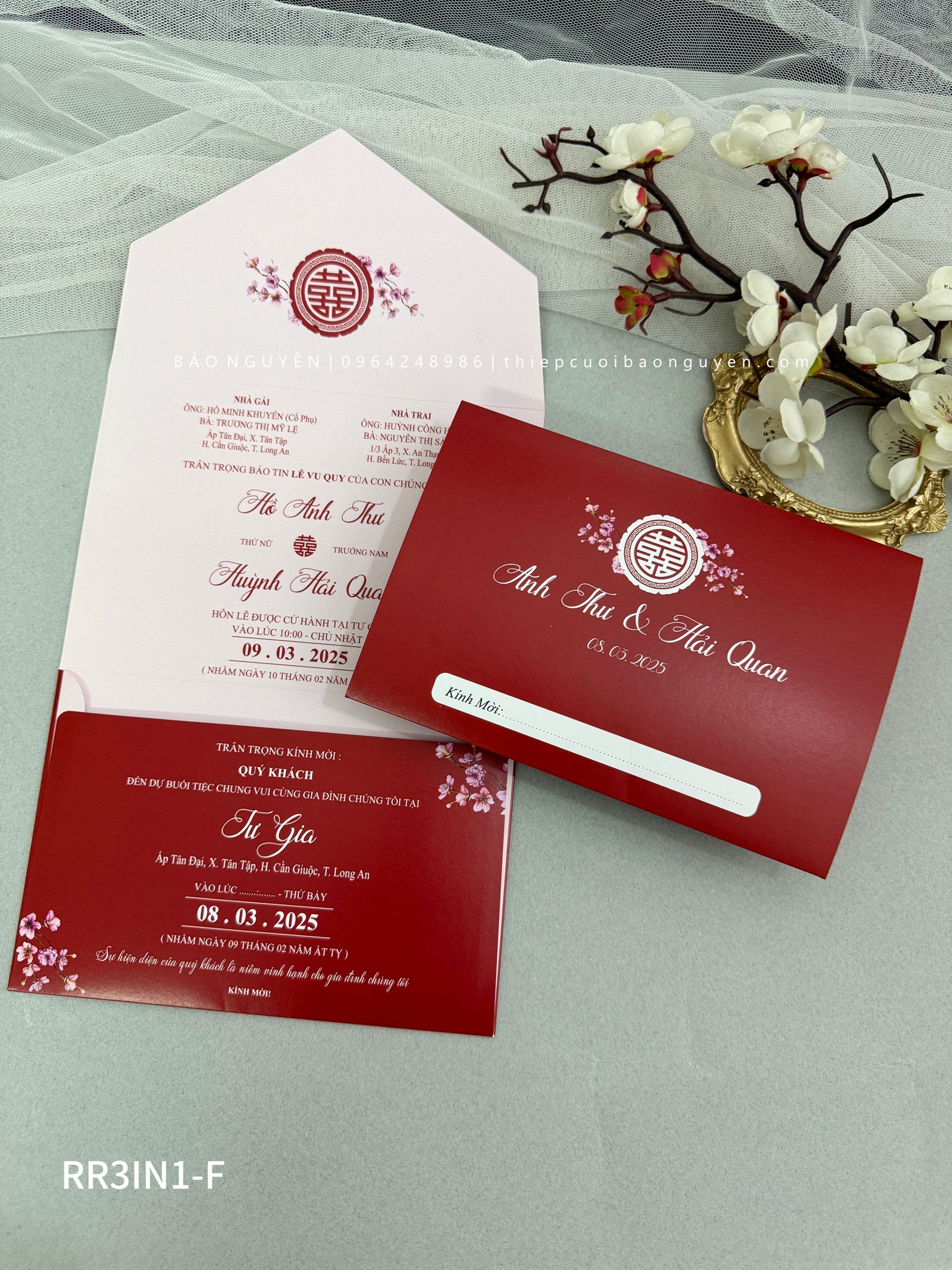 (RR3IN1 - BN038 ĐỎ) Thiệp Cưới Gập 3 Có Bao Thư 3IN1